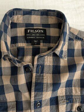 Filson Lightweight Kitsap Work Shirt - Blue Khaki Plaid - Size S (fits M)